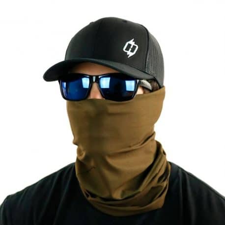 image of male model in a hat, sunglasses and brown color bandana being worn as a face mask