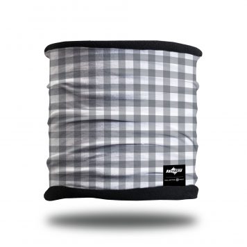 image of a fleece lined multifunctional headband in gray and white checked pattern