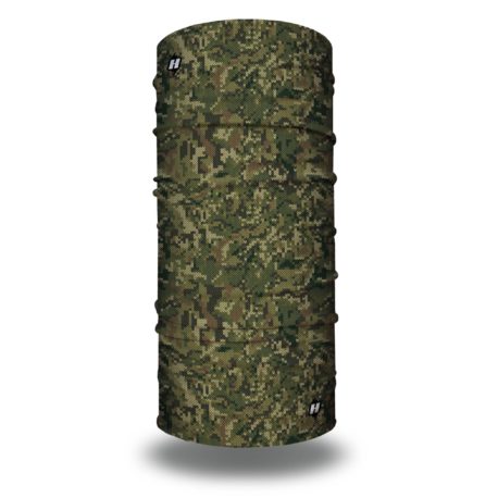 image of a tubular bandana in army camo colors with a digital knit print