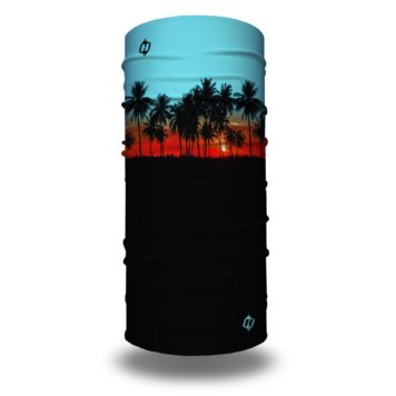 image of a tubular bandana with black palm trees in front of red sunset and blue skyline
