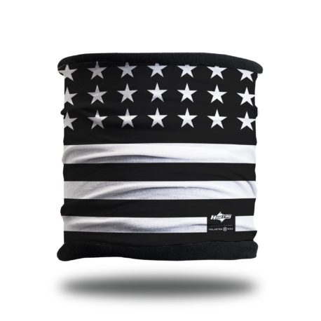image of a fleece lined multifunctional headband in a black and white american flag pattern