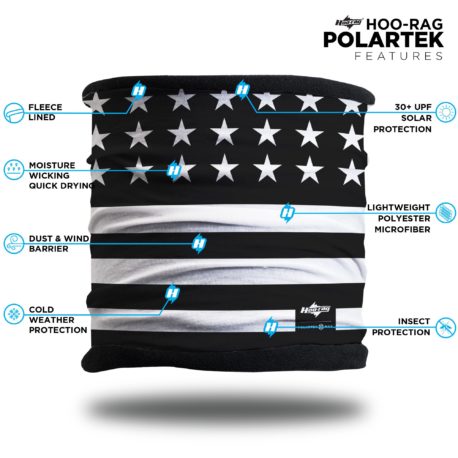 image of a fleece lined multifunctional headband in a black and white american flag pattern with a list of product features