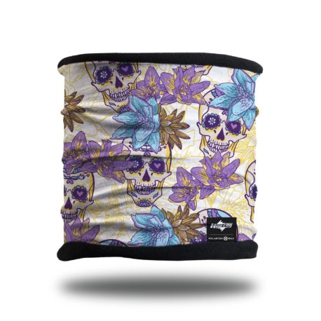 image of a a fleece lined multifunctional headband with skulls and purple flowers on the outer layer with black fleece lining