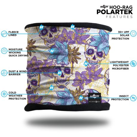 image of a a fleece lined multifunctional headband with skulls and purple flowers on the outer layer with black fleece lining with list of product features