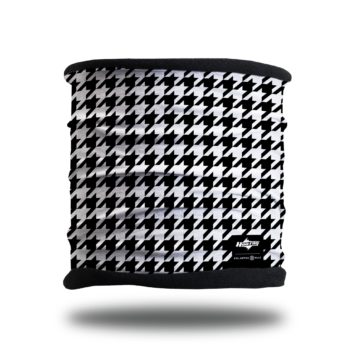 image of a fleece lined multifunctional headband with a black and white houndstooth pattern on the outer layer with black fleece lining