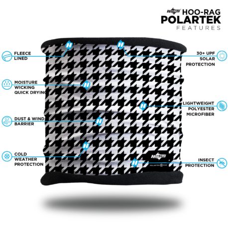 image of a fleece lined multifunctional headband with a black and white houndstooth pattern on the outer layer with black fleece lining with list of product features