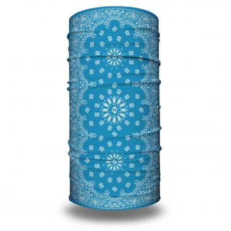 image of tubular bandana with a paisley design on a light blue background