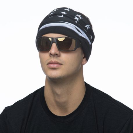 image of a male model wearing a fleece lined multifunctional headband in a black and white american flag pattern