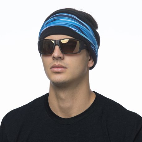 image of a male model wearing a fleece lined multifunctional headband in a blue striped outer layer with black fleece