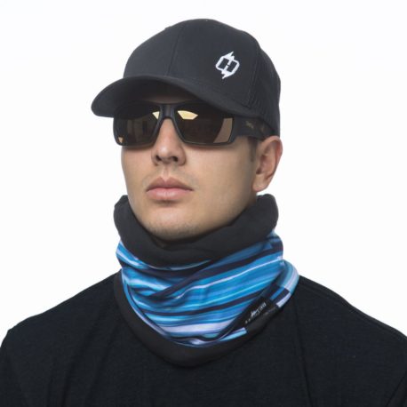 image of a male model wearing a fleece lined multifunctional scarf in a blue striped outer layer with black fleece