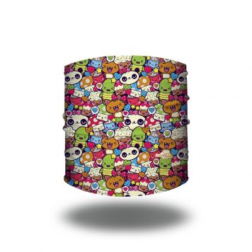 Headband with a repeating pattern of cartoon pandas, turtles, cupcakes, cats and mushrooms