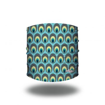 Headband of aqua fabric, ovals filled with colors of a peacock tail cover the fabric