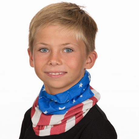 A young boy wearing a neck gaiter that looks like an american flag
