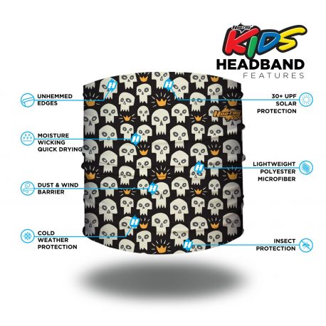 Image detailing features of a black headband with white skulls and gold crowns