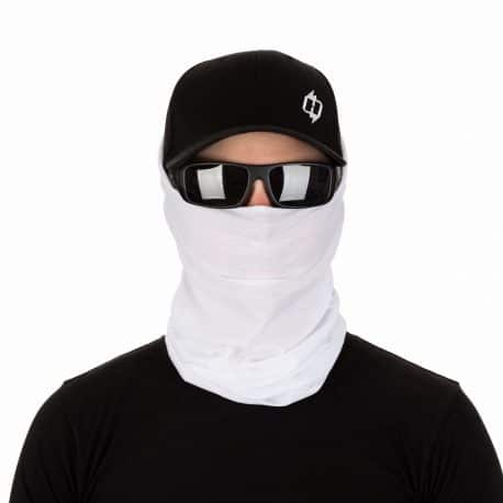male model in a hat, sunglasses, and solid white face mask