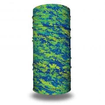 image of tubular bandana in shades of green, blue and yellow