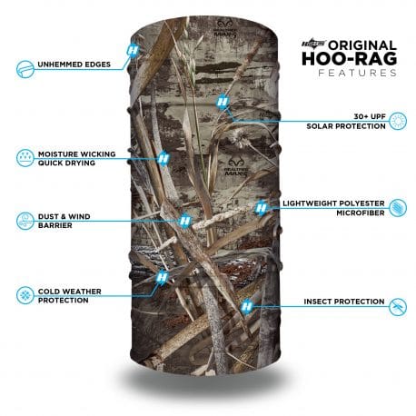 image of a tubular bandana with branches, twigs and other items layered to create a waterfowl camo with a list of features