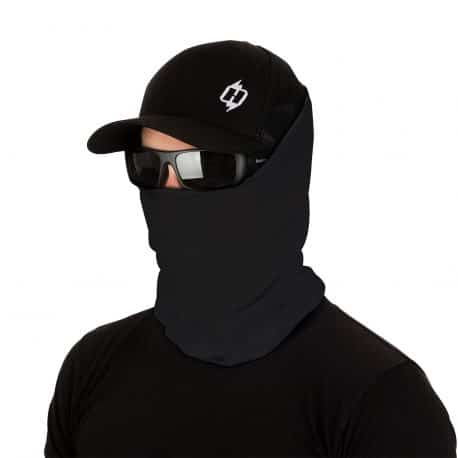 male model wearing a hat, sunglasses and a solid black face mask