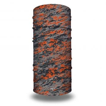 Image of a tubular bandana in a orange and gray pattern