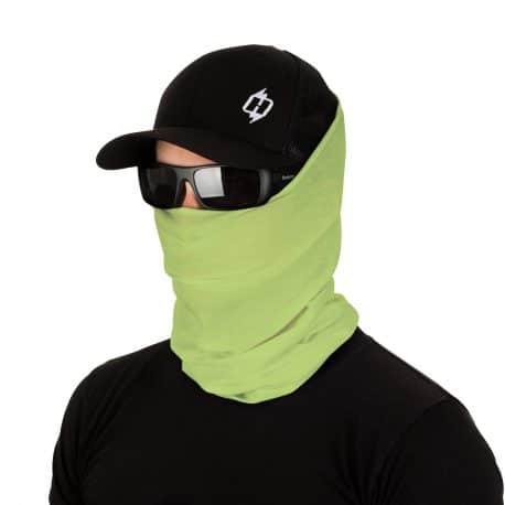 male model in sunglasses, hat and solid lime green face mask