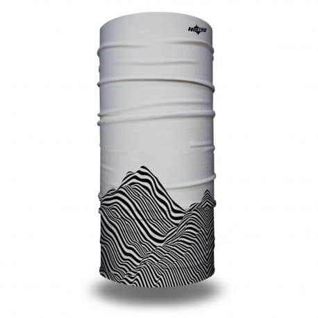 image of tubular bandana on gray background with black lines creating optical illusion of a mountain