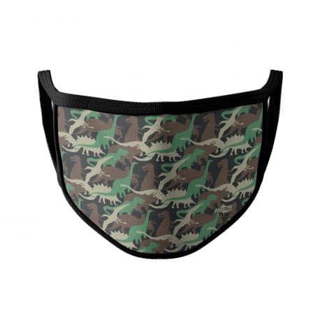 image of an ear loop face mask with dinosaur shapes in different colors. Black trim.