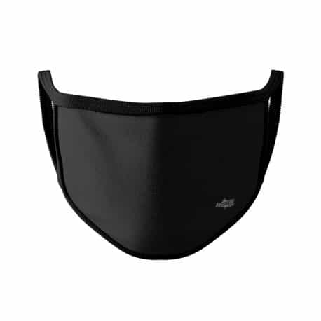 image of an ear loop face mask in a solid navy blue color with black trim. List of product features