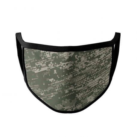 image of an ear loop face mask with a digital camo design in army green colors