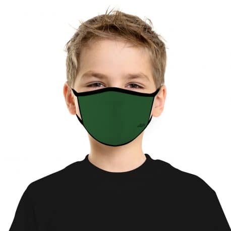 child model wearing an ear loop face mask in solid green with black trim