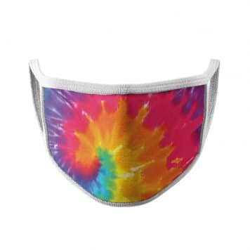 image of an ear loop face mask with a tie dye pattern in colors of purple, pink, orange, yellow and blue