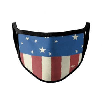 image of an ear loop face mask with red and white stripes, blue background and white stars. Black trim.