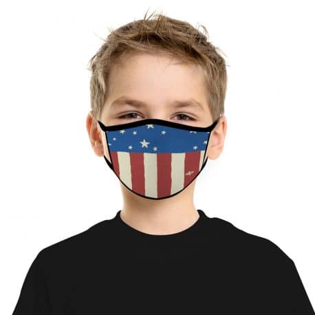 child model wearing an ear loop face mask with blue background, white stars and red and white bars