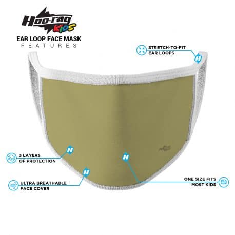 image of an ear loop face mask with a solid khaki color and white trim. List of product features.