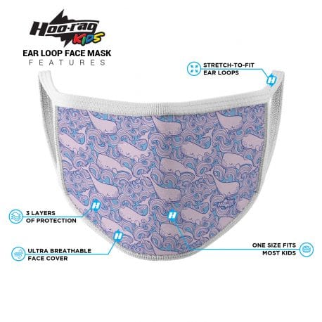 image of an ear loop face mask with pink whales in purple and blue waves. White trim. List of product features