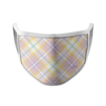 image of an ear loop face mask with pink, purple and yellow lines in a plain design. White trim.