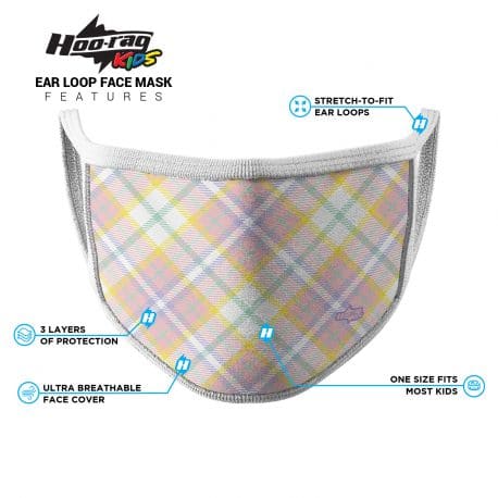 image of an ear loop face mask with pink, purple and yellow lines in a plain design. White trim. List of product features