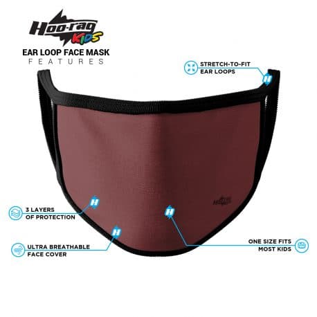 image of an ear loop face mask in a solid red color with black trim. List of product features