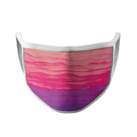 image of an ear loop face mask featuring a pink and purple sunrise with white trim