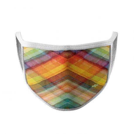 image of an ear loop face mask in multi color overlapping lines with white trim