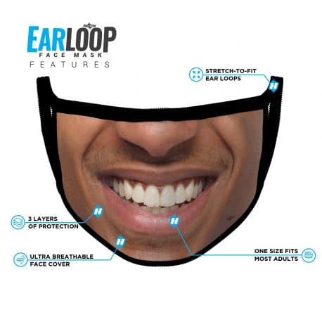 image of an ear loop face mask with a smile design and list of product features
