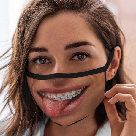 image of a female model wearing an ear loop face mask with a smile design