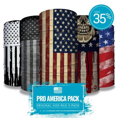 image of 5 tubular bandanas in different designs all based on the american flag with text showing 35% savings