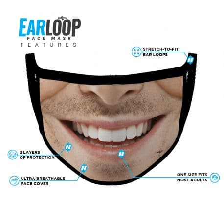 image of an ear loop face mask with a smile design and list of product features