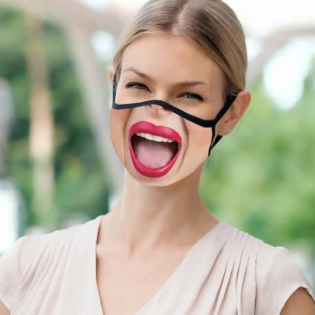 image of a female model wearing an ear loop face mask with a smile design