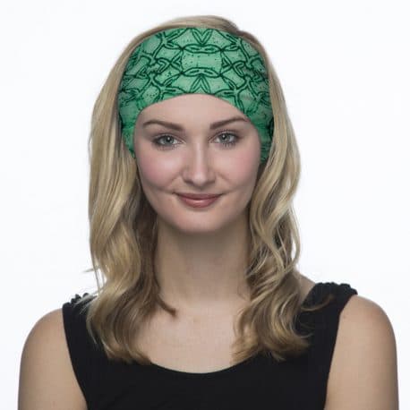 green geometric patterned headband model shot
