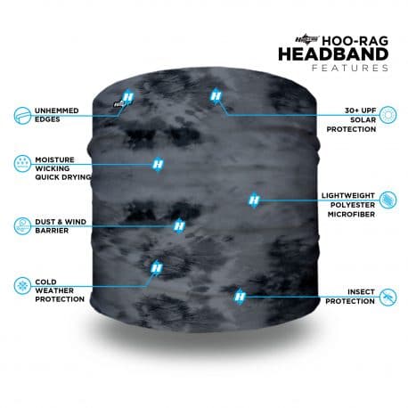 black and gray splattered pattern on a sports headband with a features list