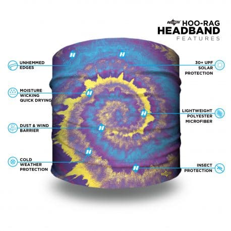 purple, yellow and blue tie dye headband with features list
