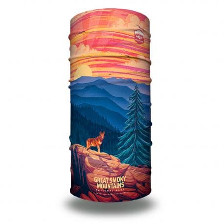 image of a wolf on a mountain side with a tree and mountains in the background. this image showcases the great smoky mountains national parks on a bandana.