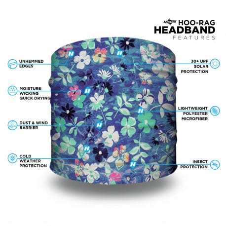 image of a headband with blue and white flowers on a blue background with a list of product features
