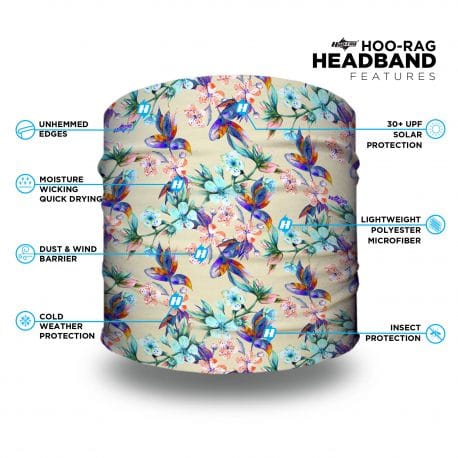 image of a headband done in a japanese theme with fish and flowers. includes a list of product features
